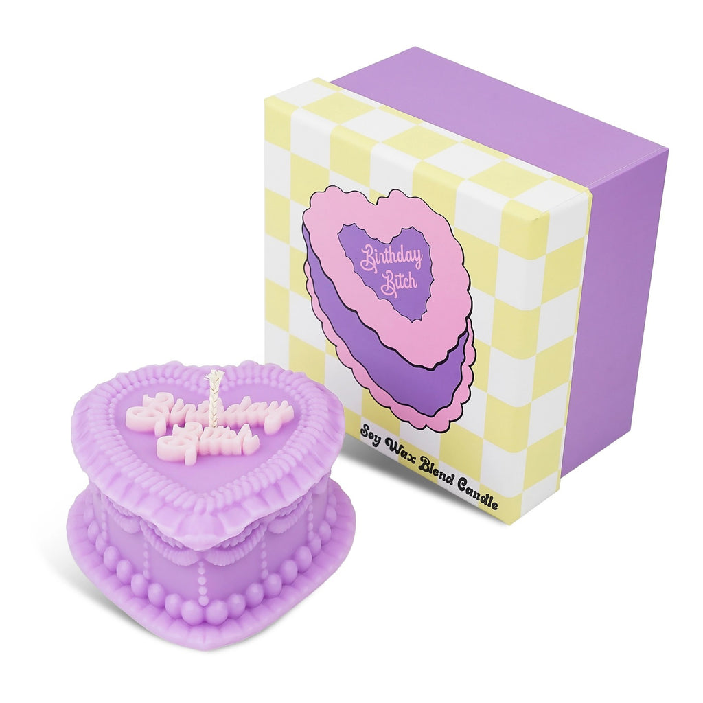 Birthday Bitch Heart Candle packaging.