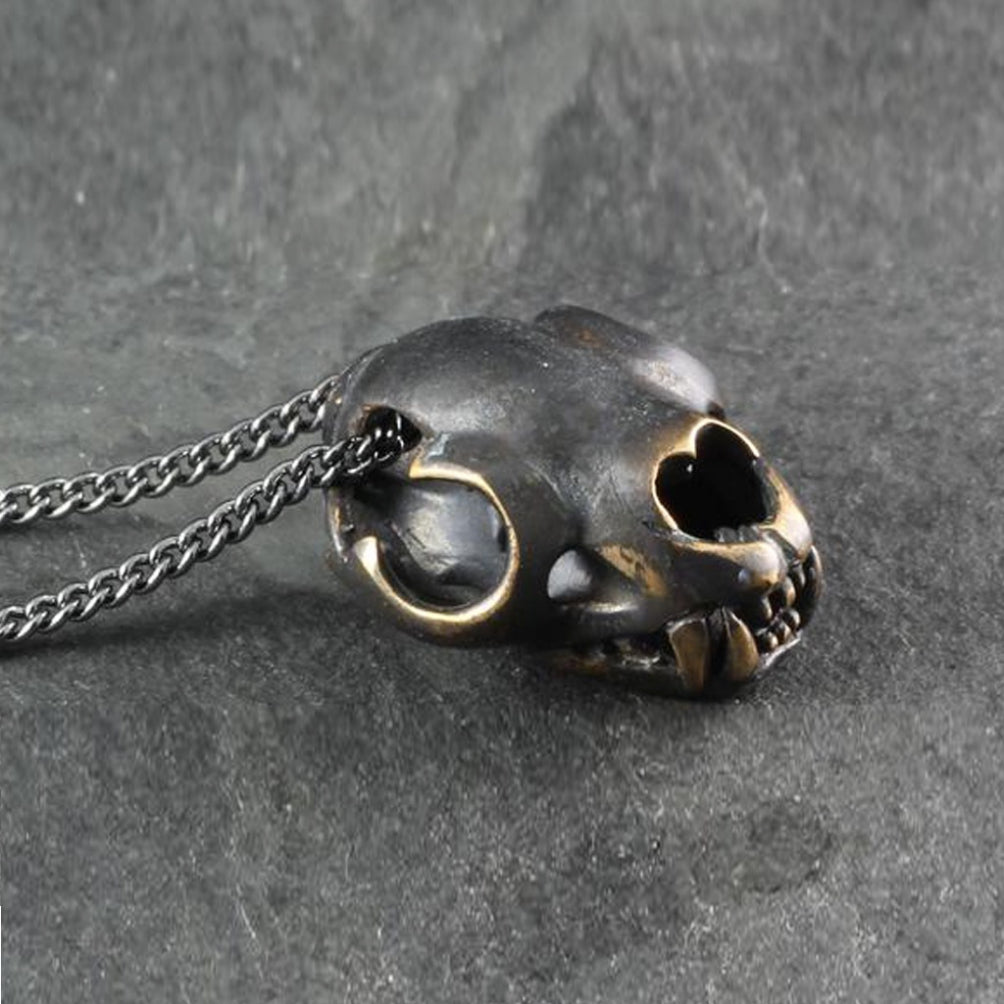 Black Cat Skull Necklace Oxidized Bronze.