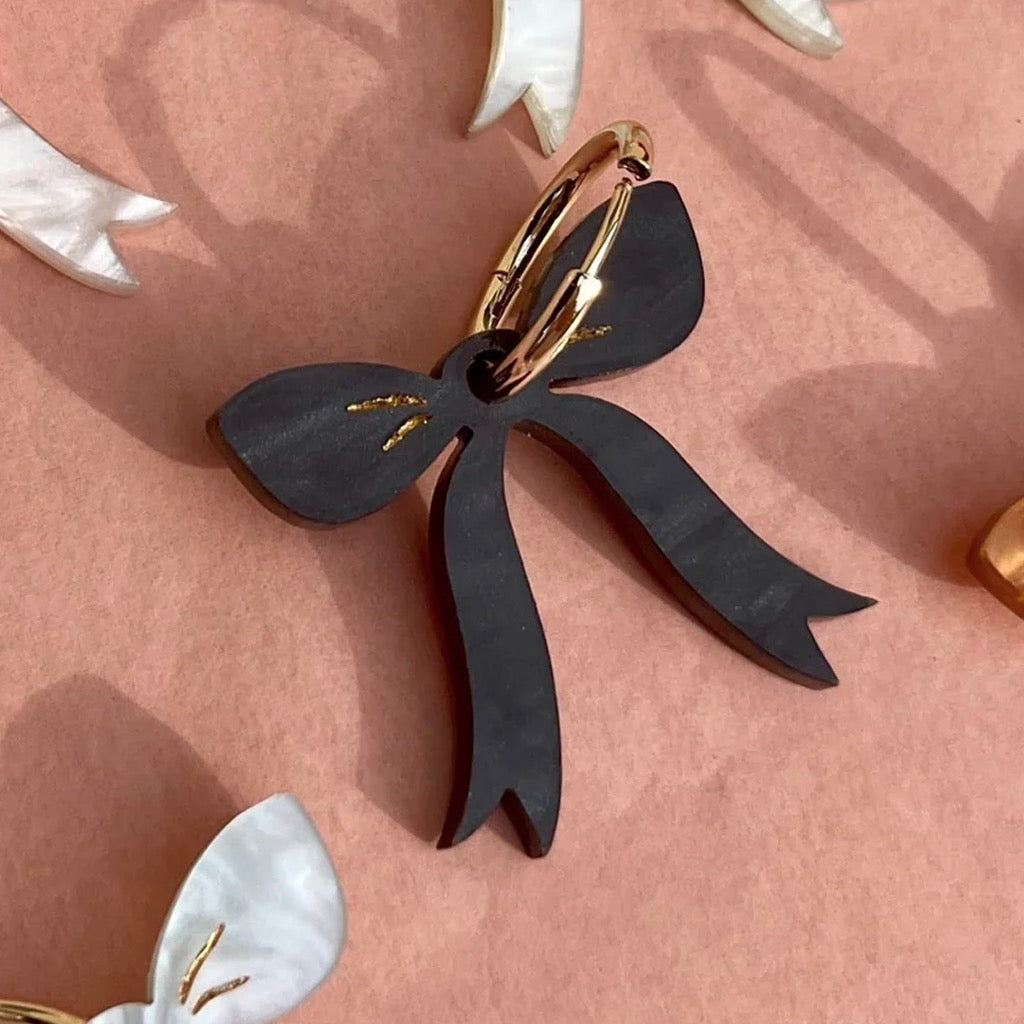 Black Coquette Bow Hoop Earrings.