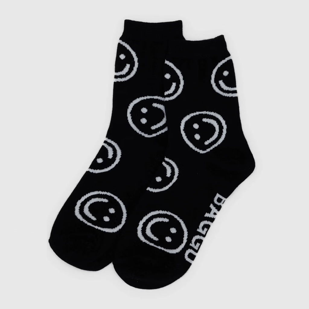 Black Happy Face Crew Socks.