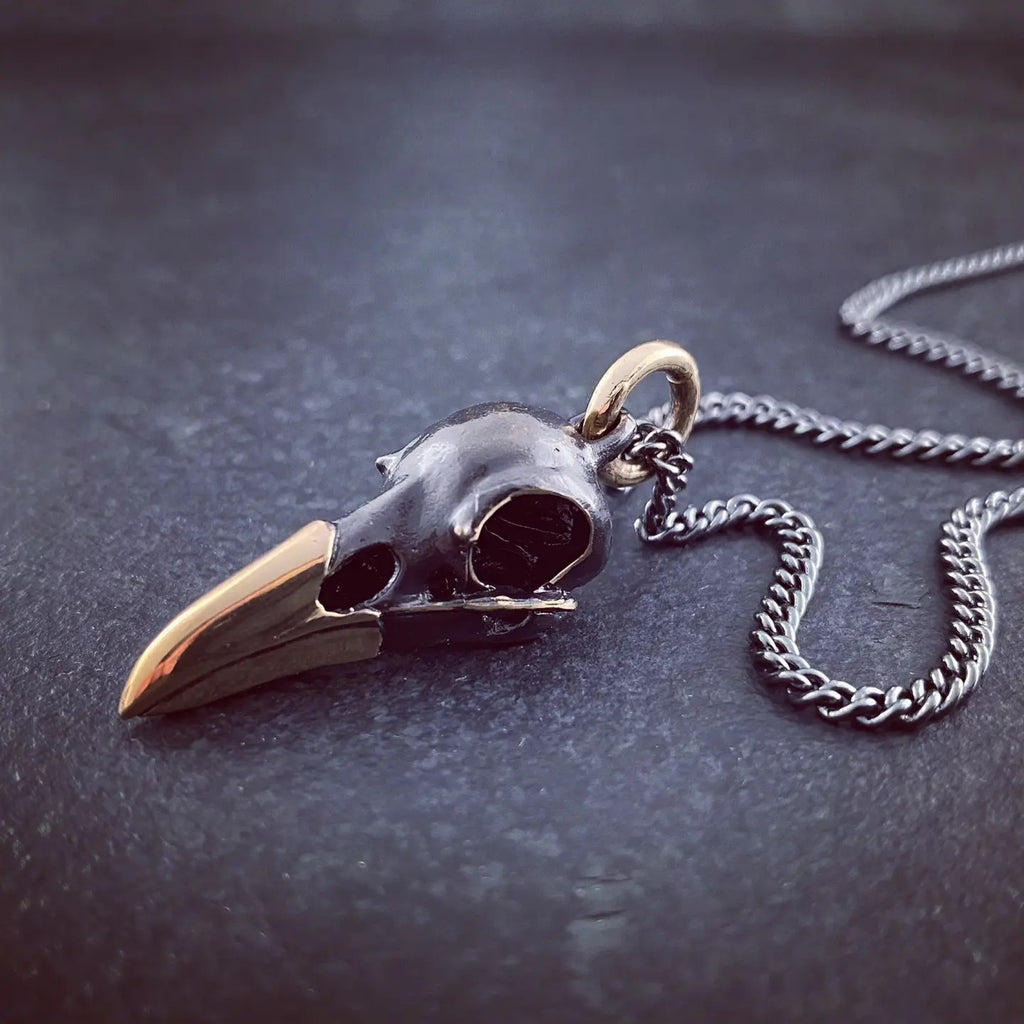 Black Raven Skull Necklace Oxidized Bronze.