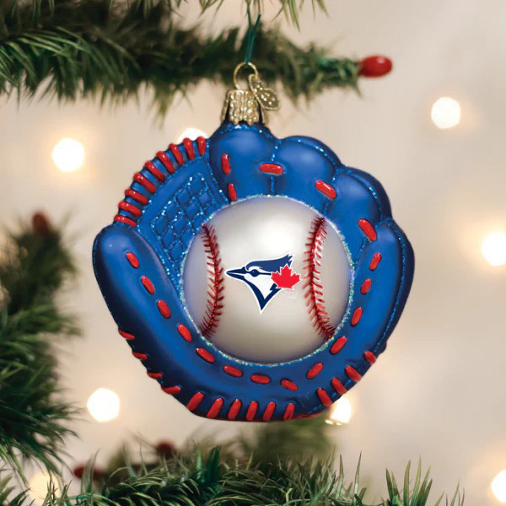 Blue Jays Baseball Mitt Ornament in tree.