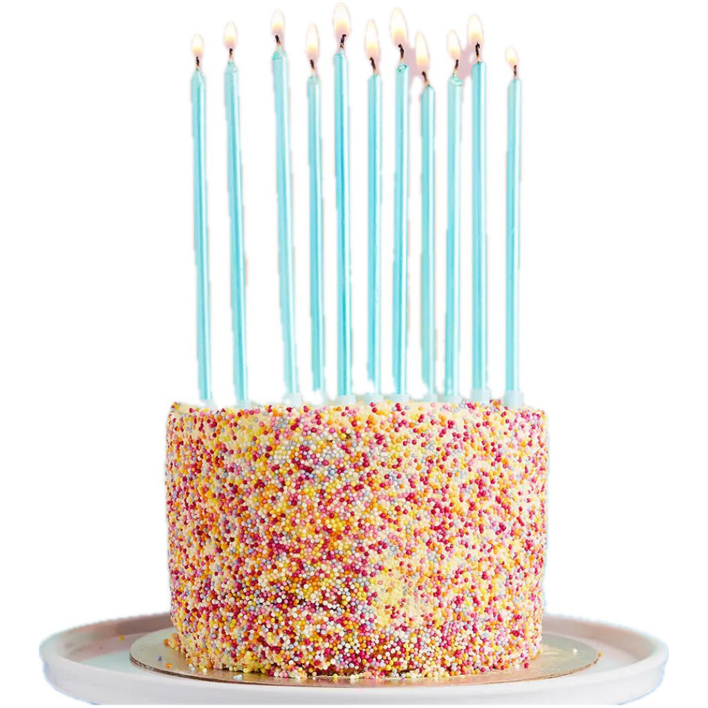 Blue Tall Skinny Birthday Candles 12 Pack on cake.