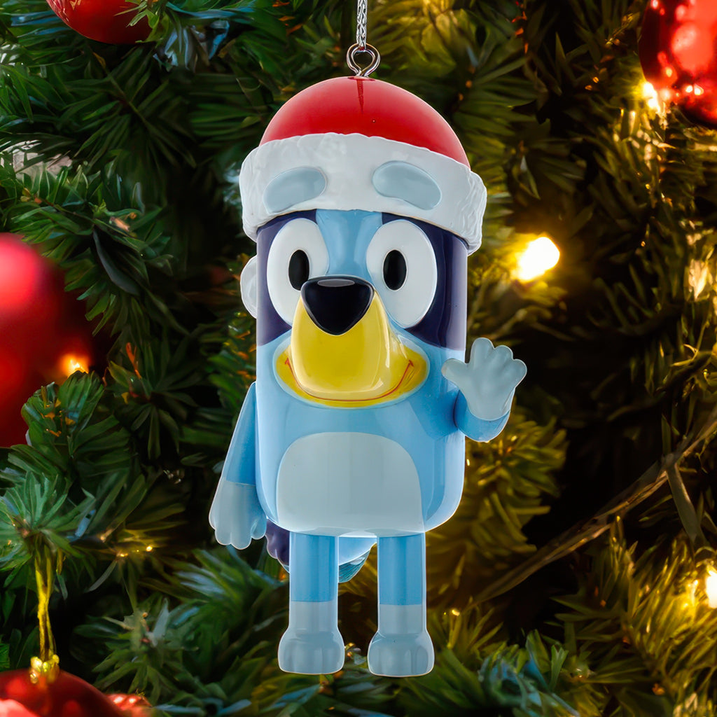 Bluey With Santa Hat Ornament in tree.