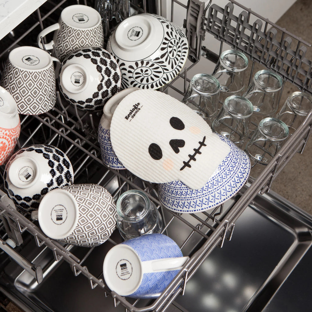 Boo Crew Skull Swedish Sponge Cloth in dishwasher.