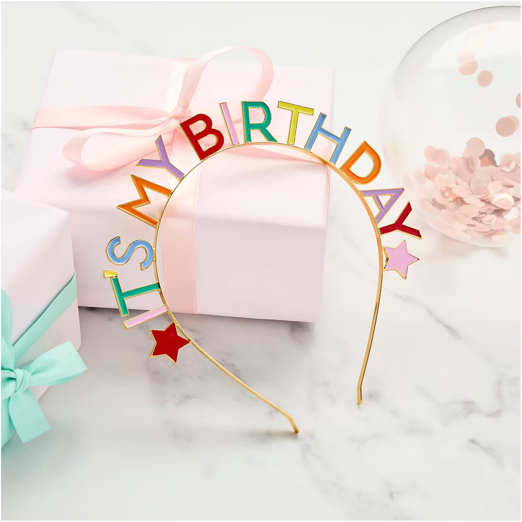 Bright Banquet 'It's My Birthday' Metal Headband leaning against present.