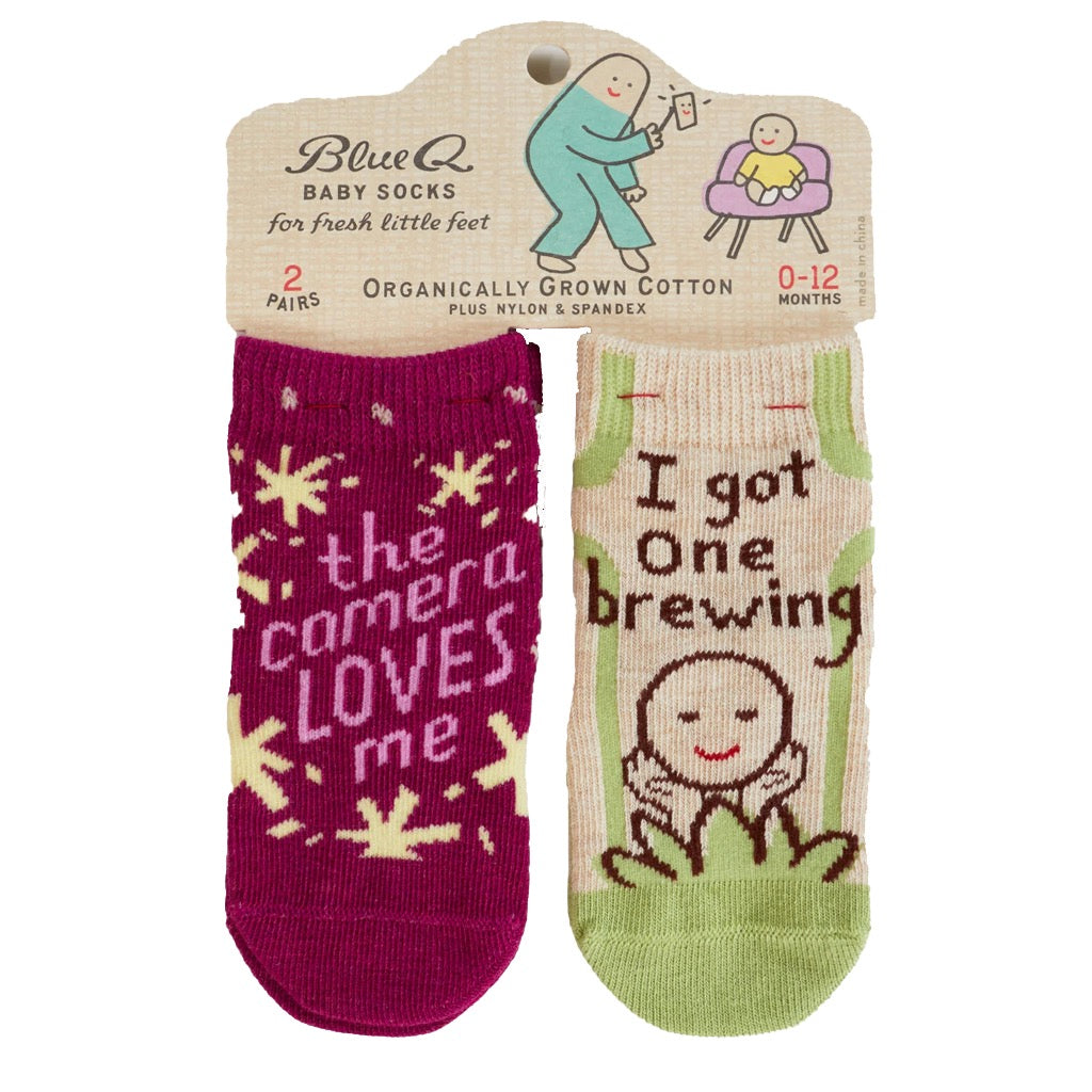 Camera/Brewing Baby Socks packaging.
