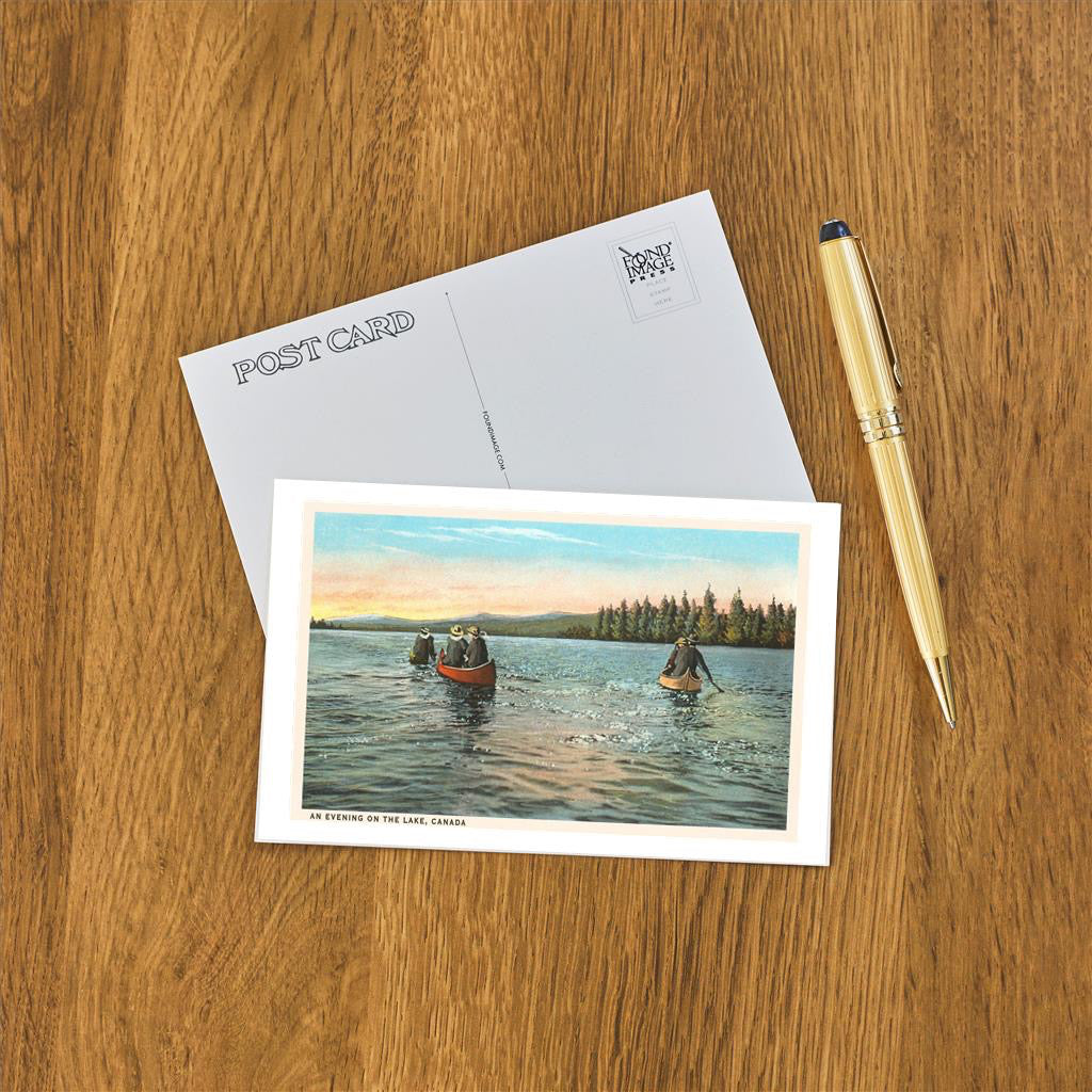 Canoeing on Lake Canada Postcard on table.