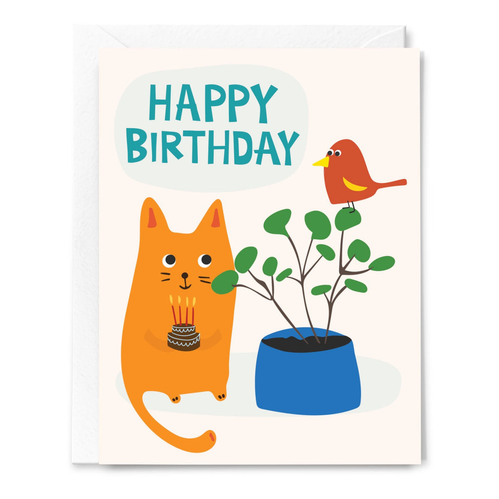Cat And Bird Happy Birthday Card.