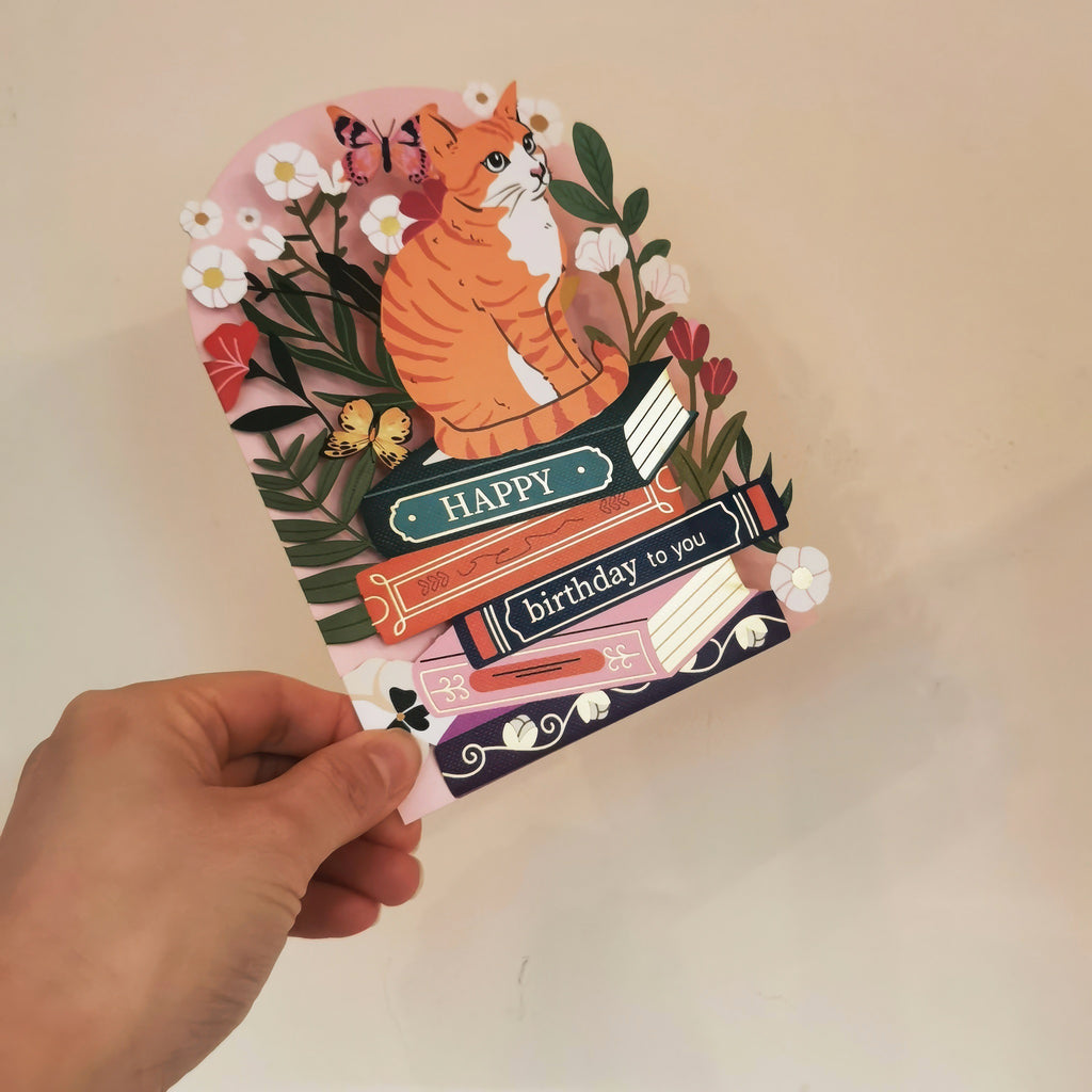 Cat And Books Laser Cut Birthday Card in tree.
