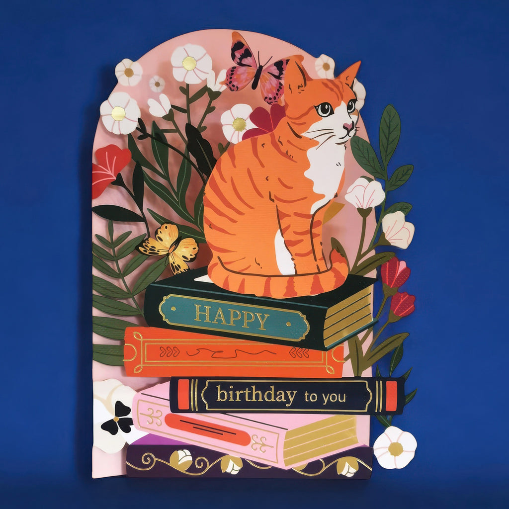 Cat And Books Laser Cut Birthday Card.