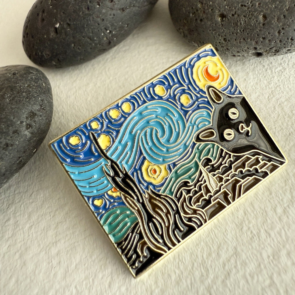 Cat and Starry Night Enamel Pin.