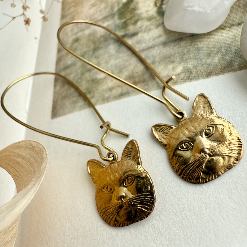 Cat Face Drop Earrings Brass.