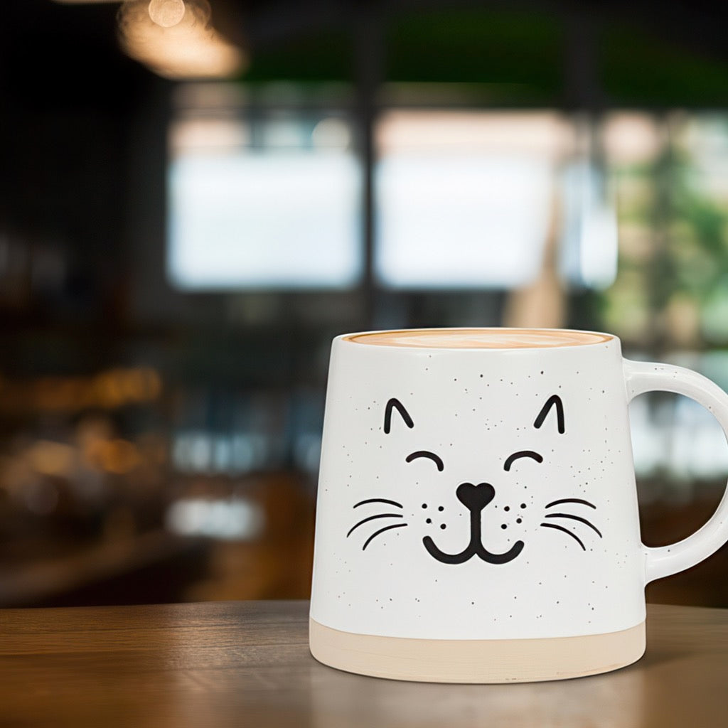 Cat Face Wide Base Mug on table.