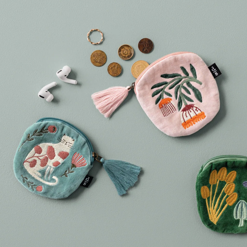 Catbloom Embroidered Coin Purse on table.