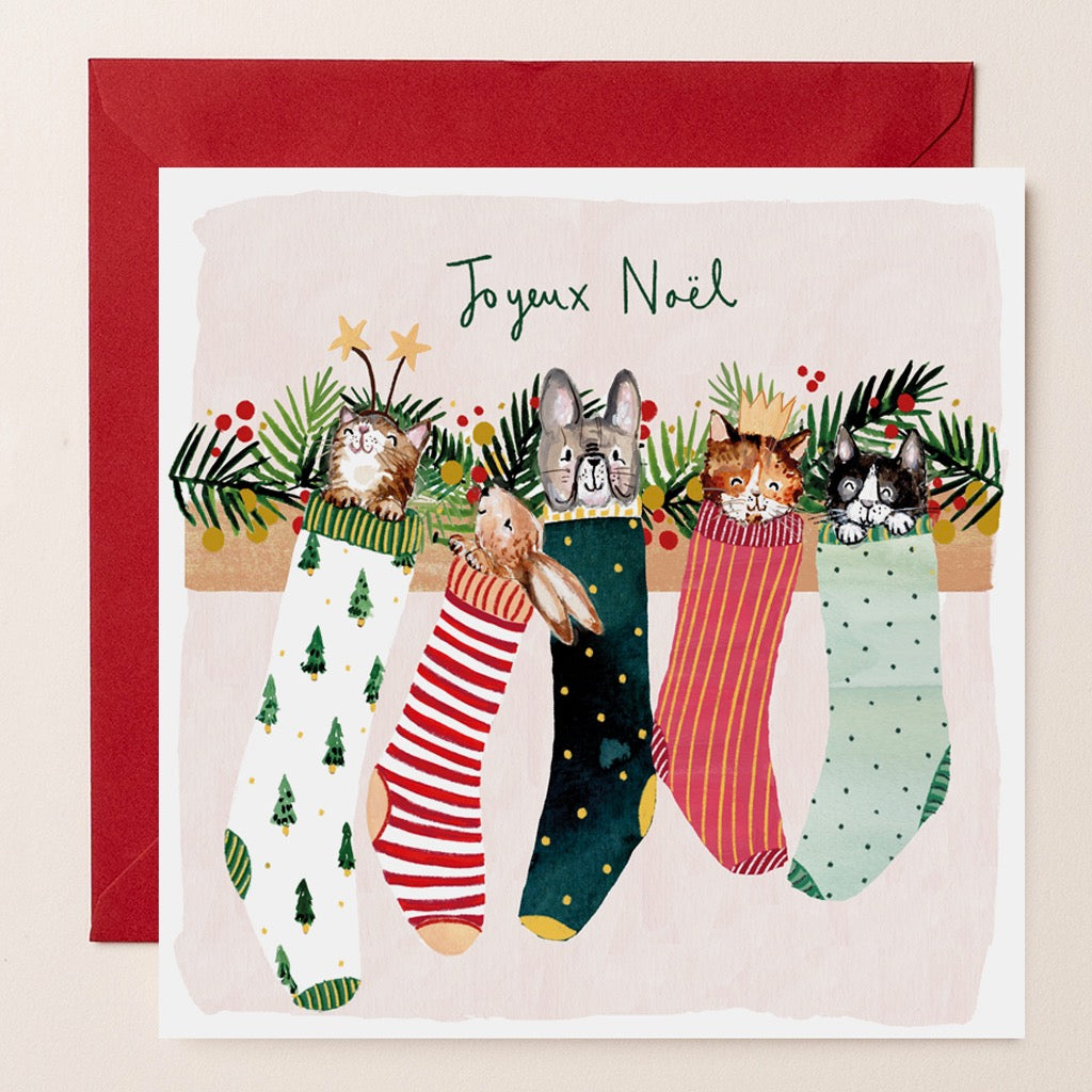 Cats In Stockings Joyeux Noel Card.