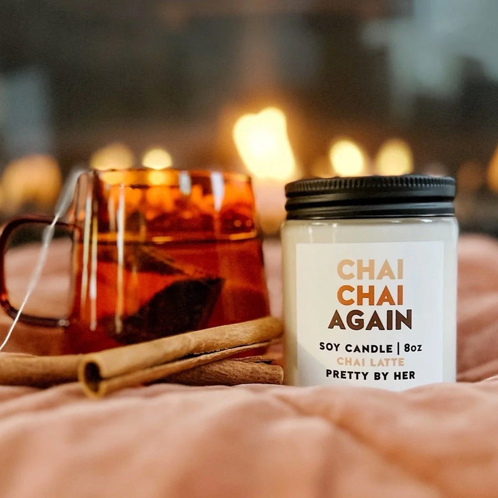 Chai Chai Again Soy Wax Candle on table.