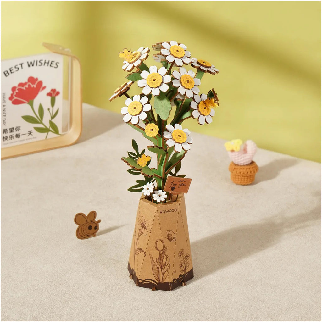 Chamomile 3D Wooden Flower Puzzle on table.