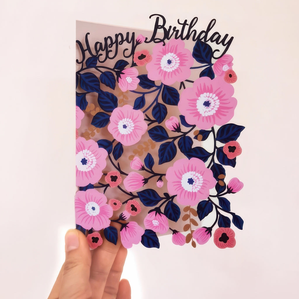 Cherry Blossom Laser Cut Birthday Card in hand.