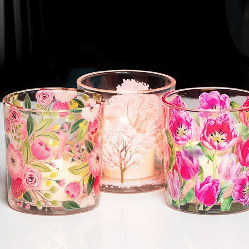 Cherry Blossoms Votive Holder on table.