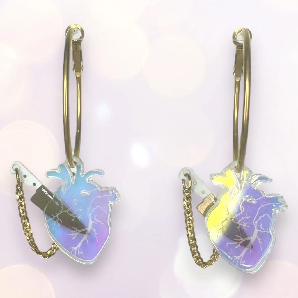 Chopped Holo Heart Hoops Dreamy Iridescent.