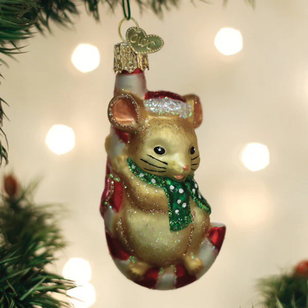 Christmas Mouse Ornament in tree.