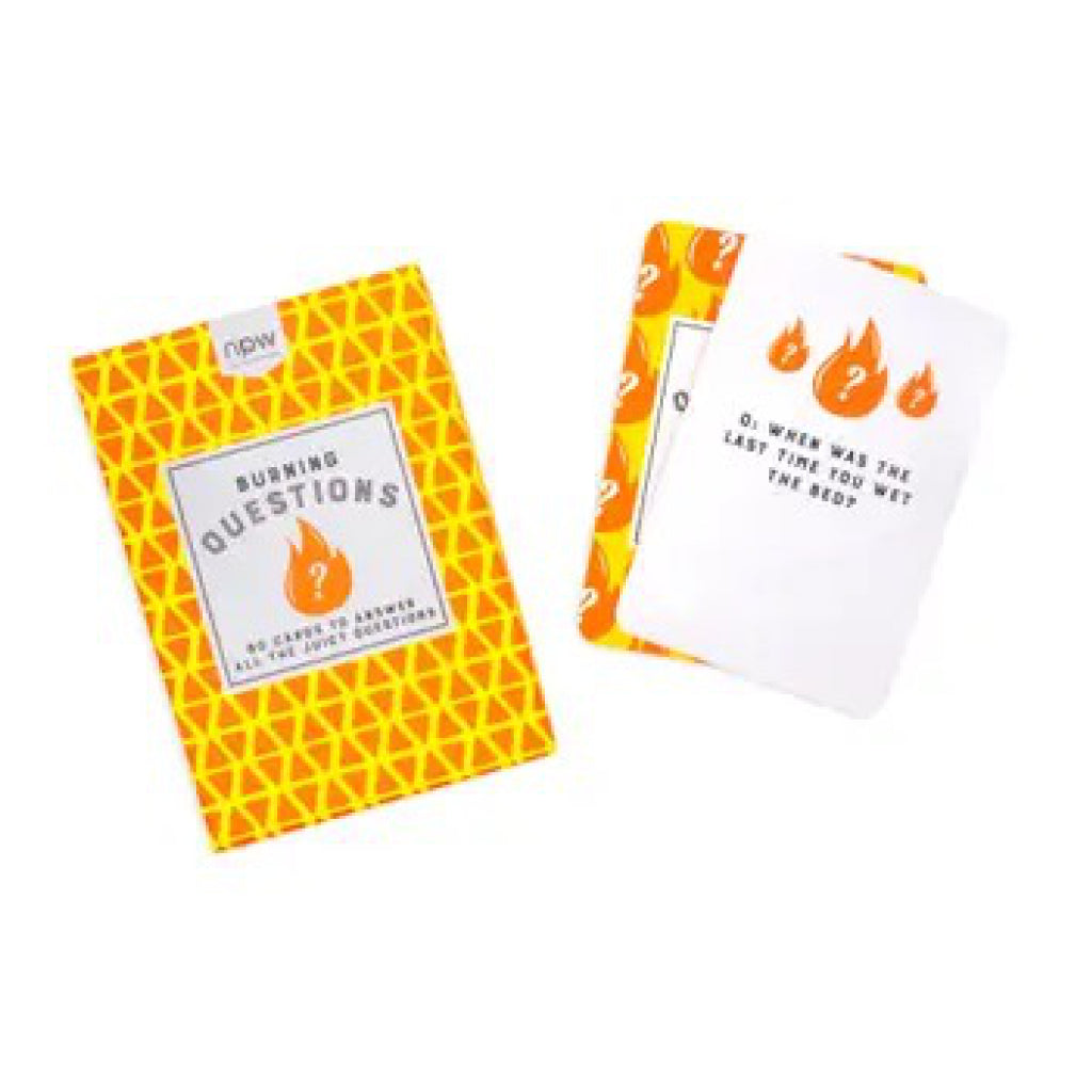 Close-up view of Burning Questions Card Game.