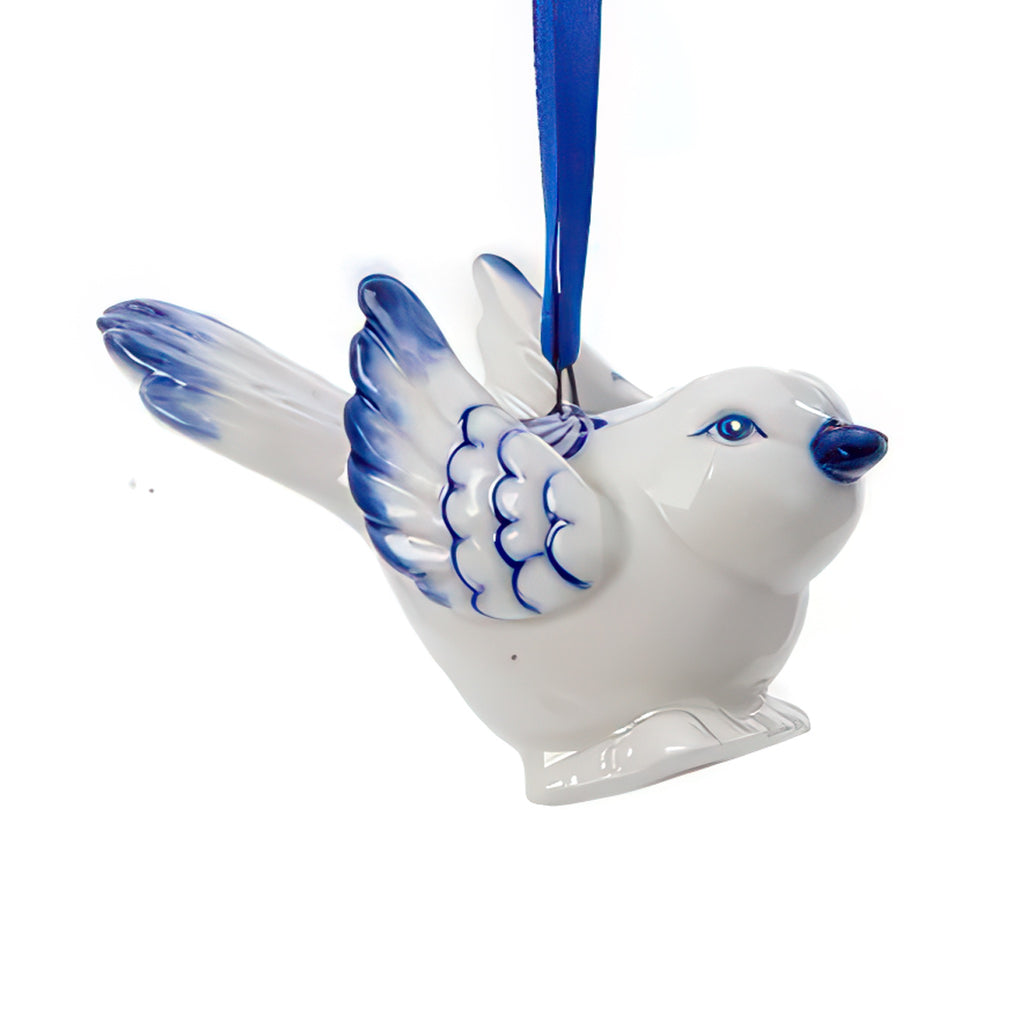 Close-up view of Delft Porcelain Bird Ornament.