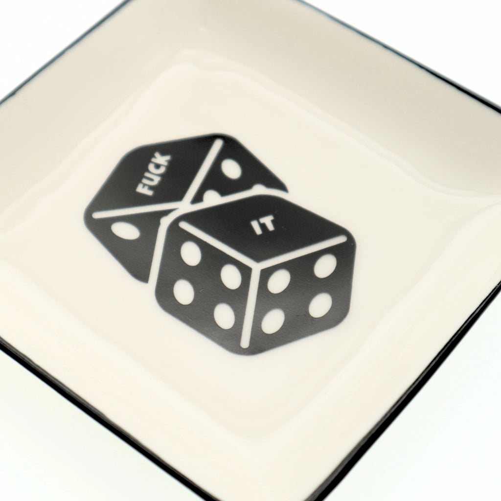 Close-up view of Fuck It Dice Trinket Tray.