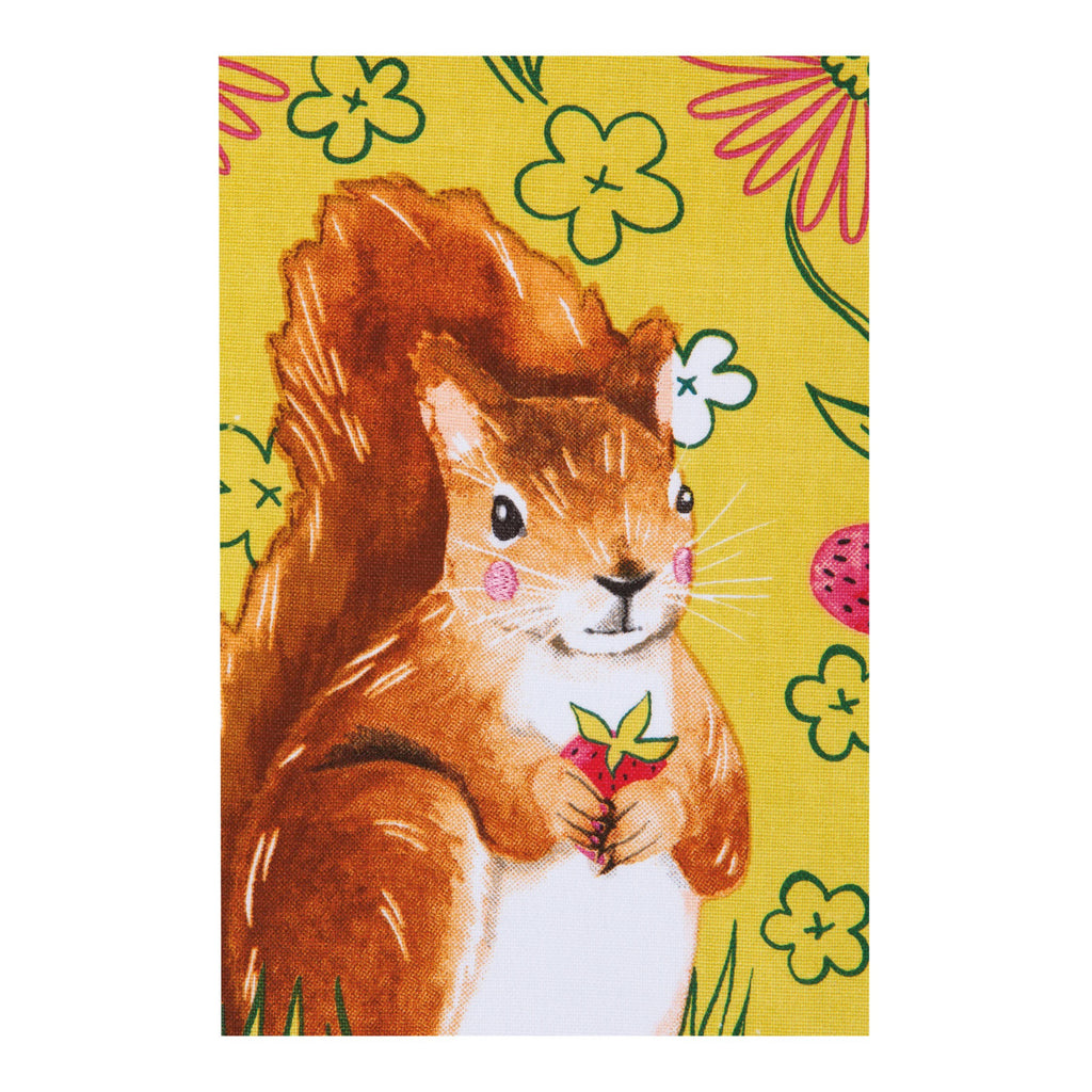 Close-up view of Mr. Squirrel Decorative Dishtowel.