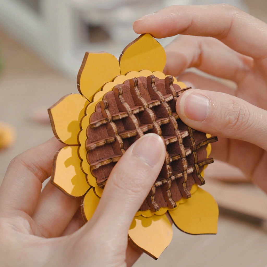 Close-up view of Sunflower 3D Wooden Flower Puzzle.