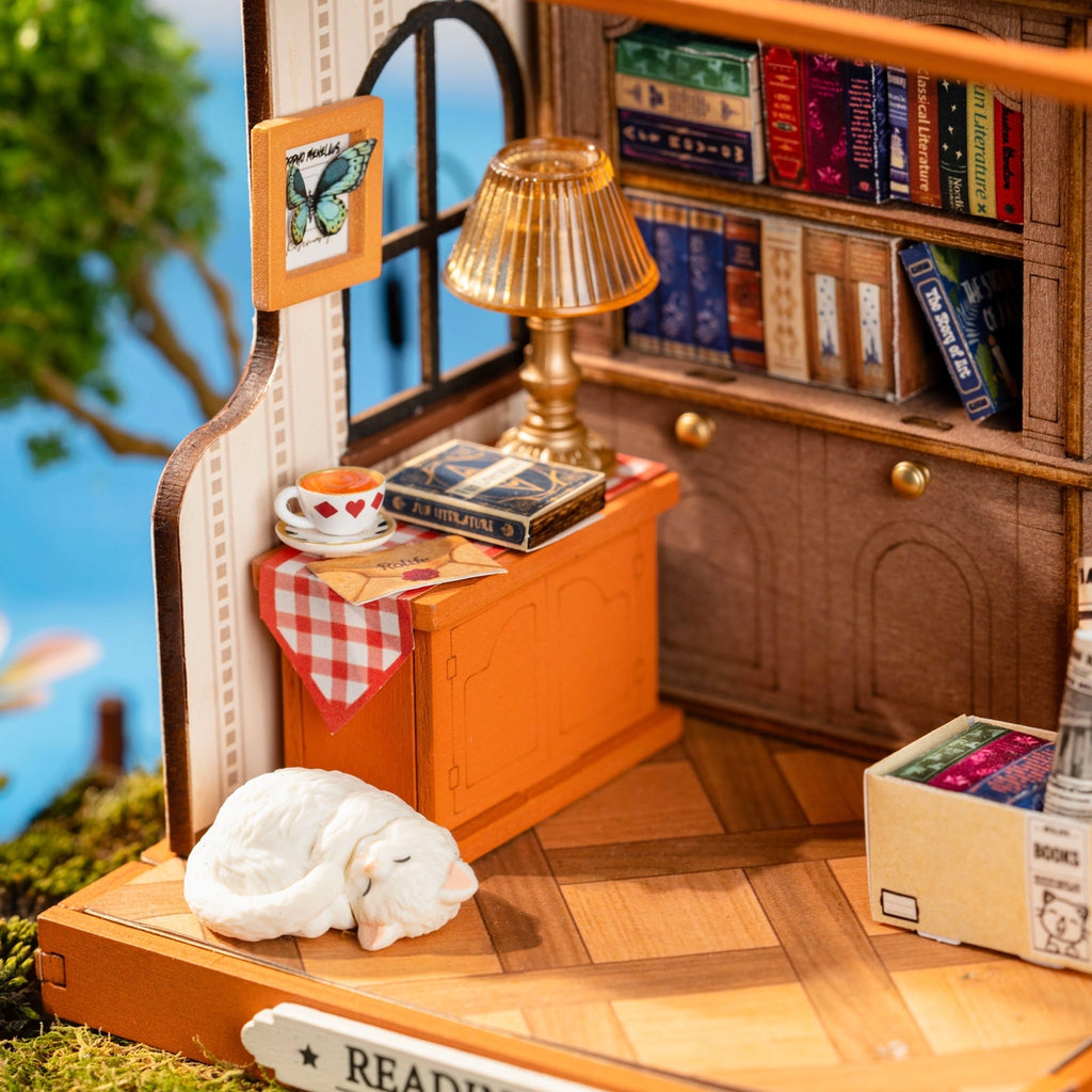 Close-up view of The Muse Bookshop DIY Miniature House Kit.