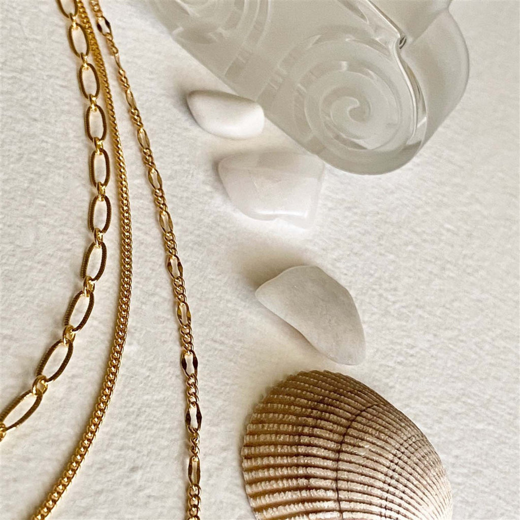 Close-up view of Triple Layer Textured Chain Necklace Gold.