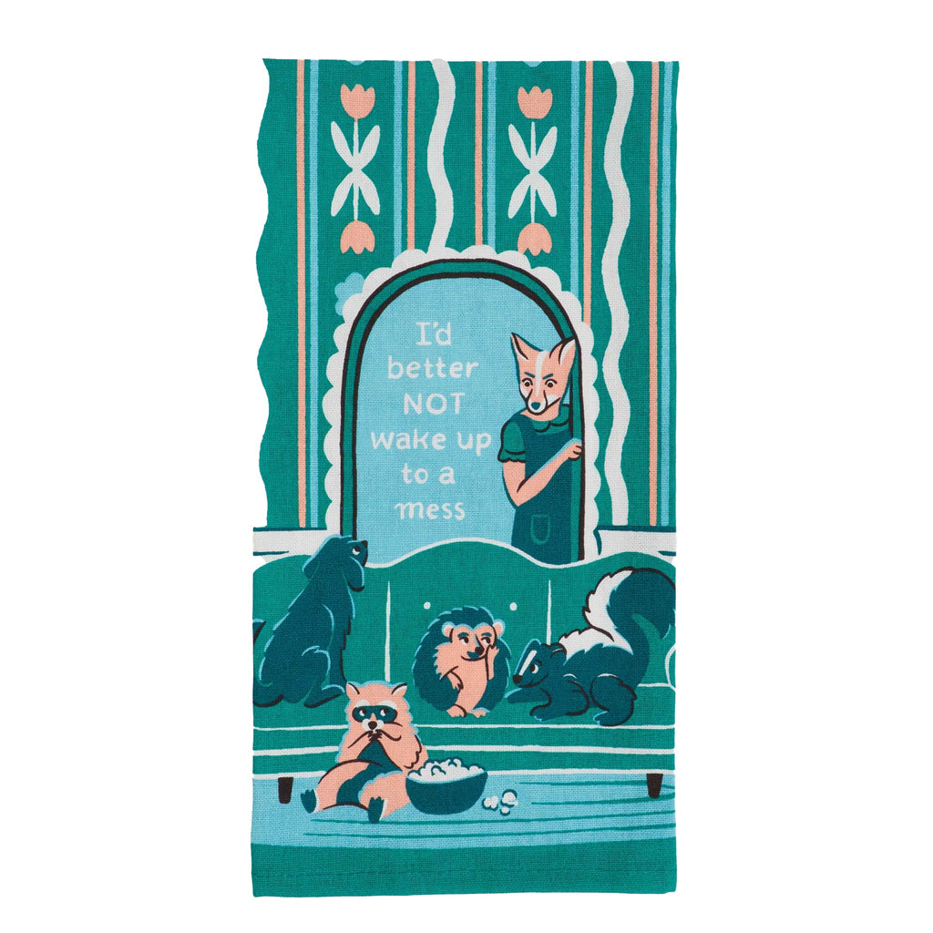 Close-up view of Wake Up To Mess Dish Towel.