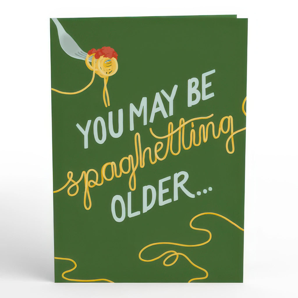 Closed view of Spaghetting Older Birthday Pop-Up Card.
