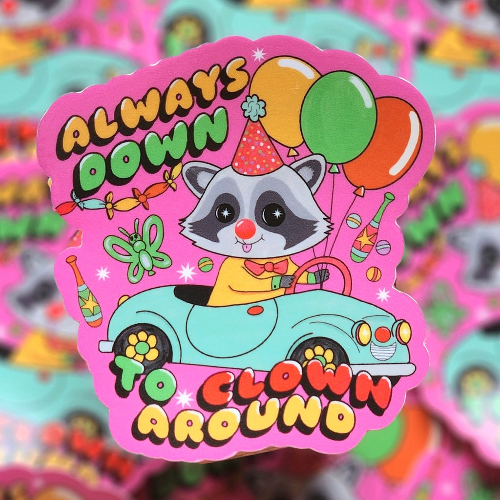 Clown Around Raccoon Sticker.