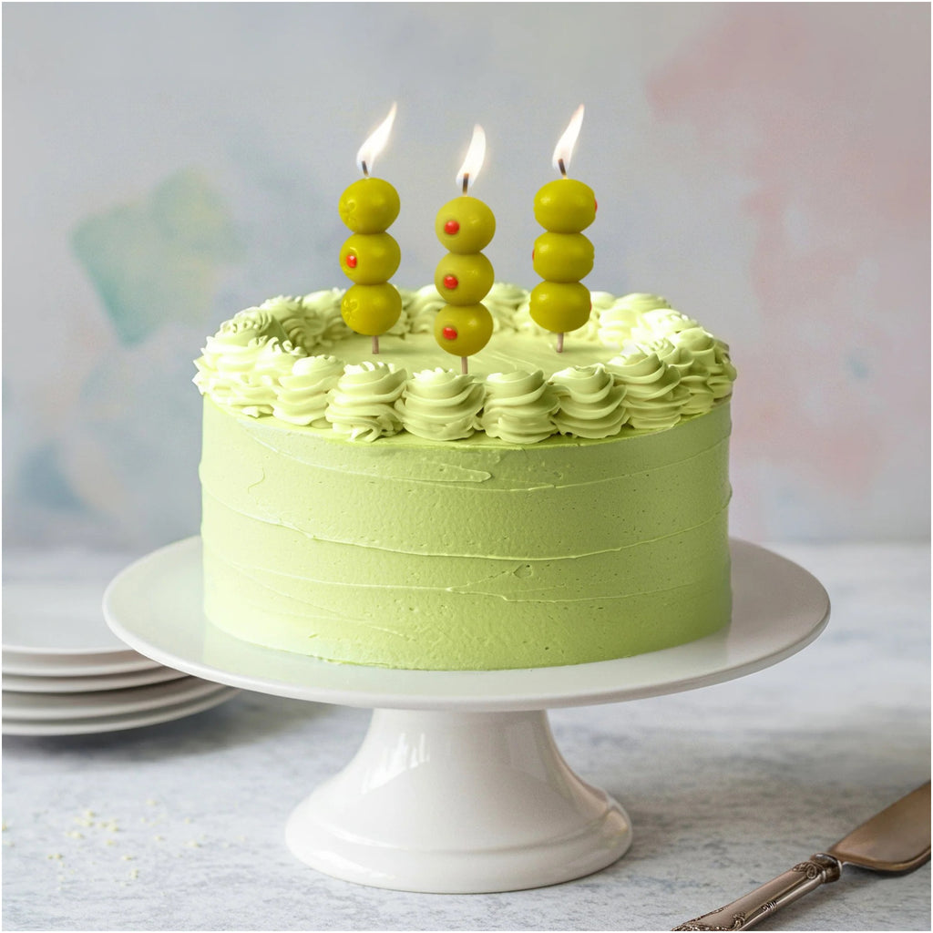 Cocktail Party Olive Birthday Candles in use.
