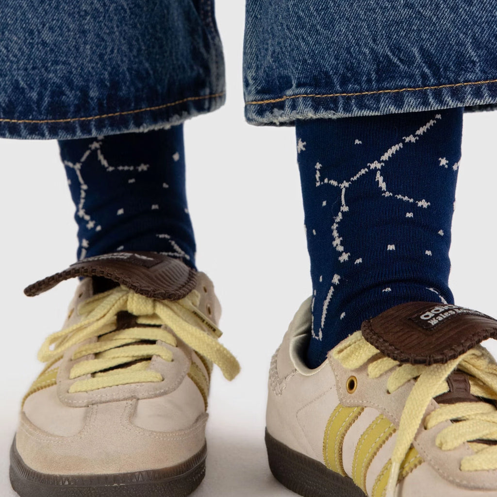 Constellation Midnight Crew Socks in shoes.