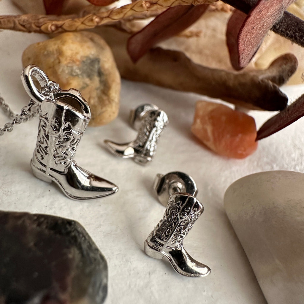 Cowboy Boot Stud Earrings Silver - alt image.