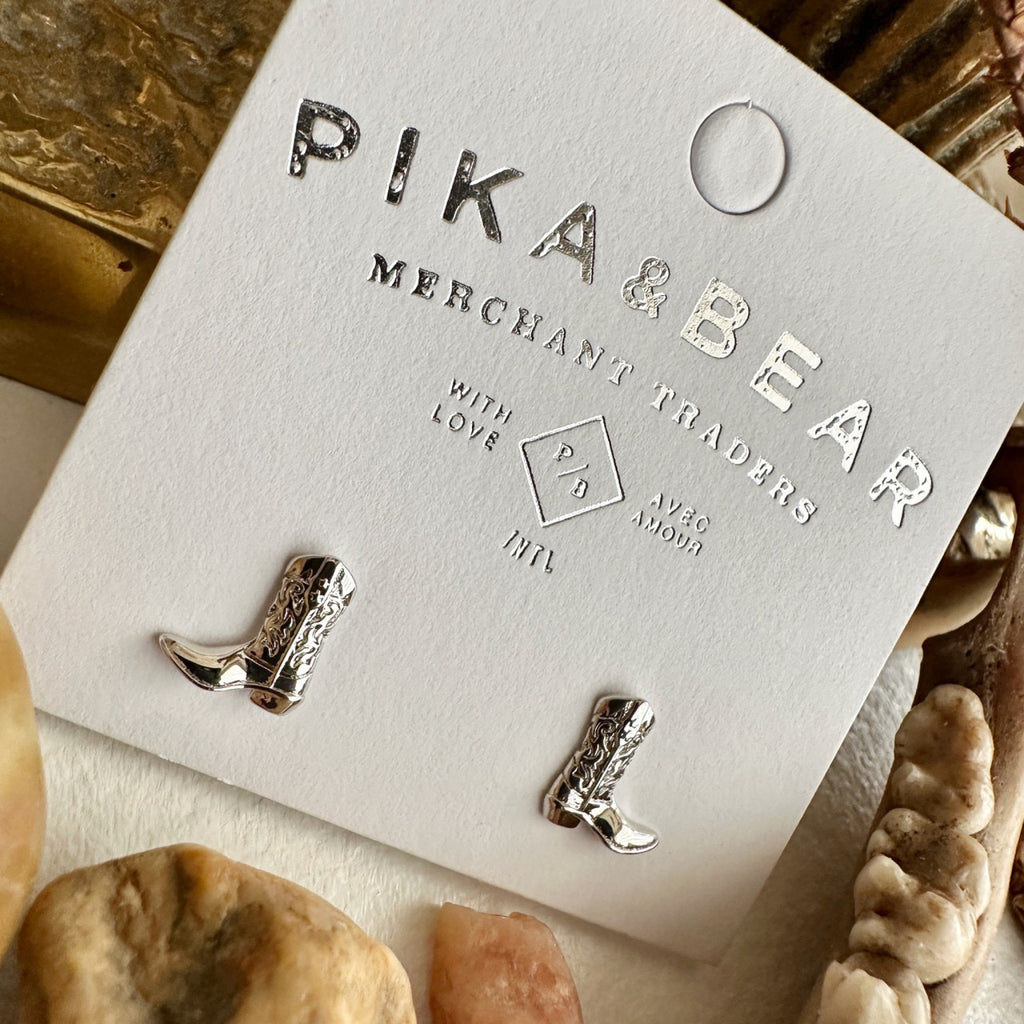 Cowboy Boot Stud Earrings Silver packaging.