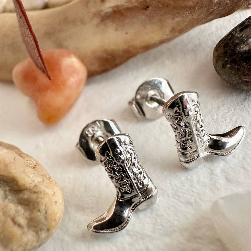 Cowboy Boot Stud Earrings Silver.