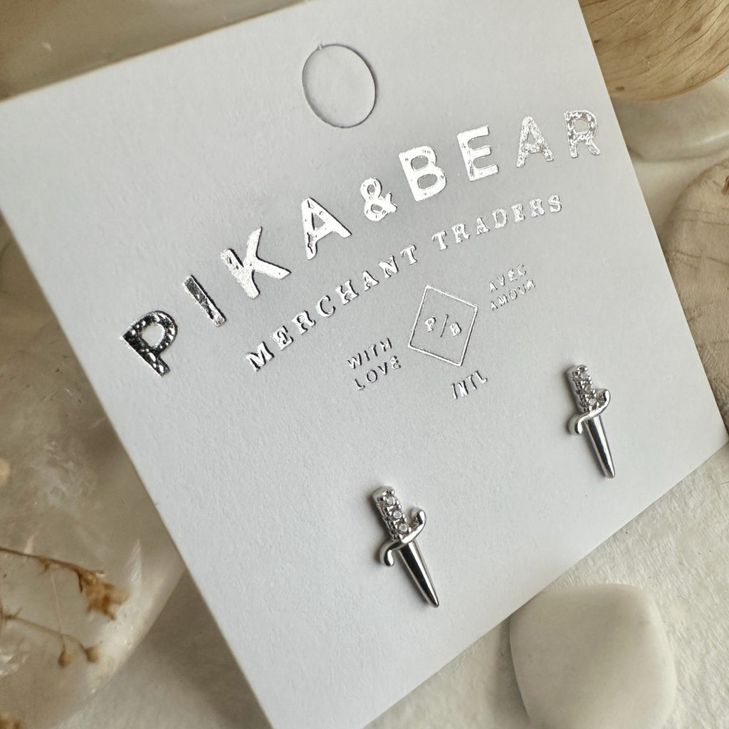 Dagger Stud Earrings Silver packaging.