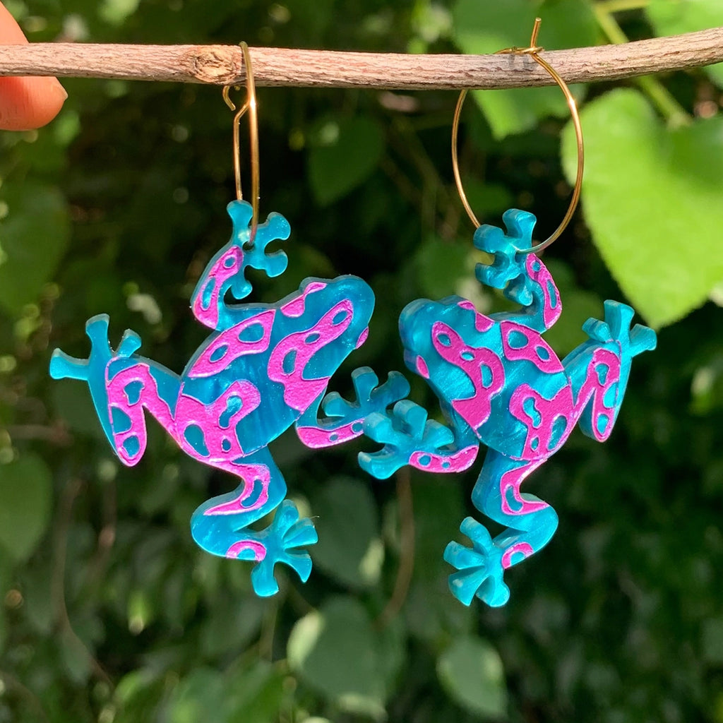 Dart Frogs Earrings Blue and Purple.