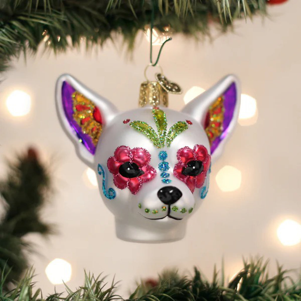 Dia De Los Muertos Dog Ornament in tree.