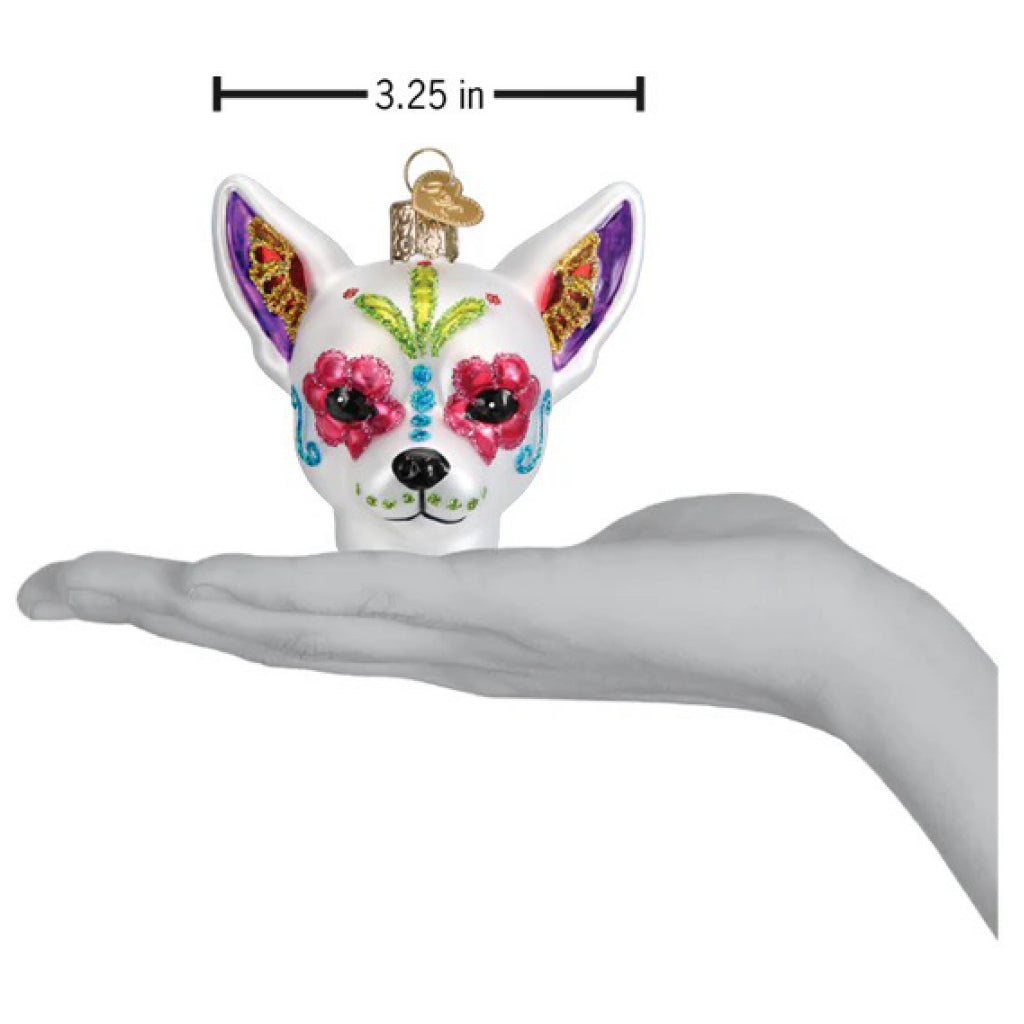 Dimensions of Dia De Los Muertos Dog Ornament.