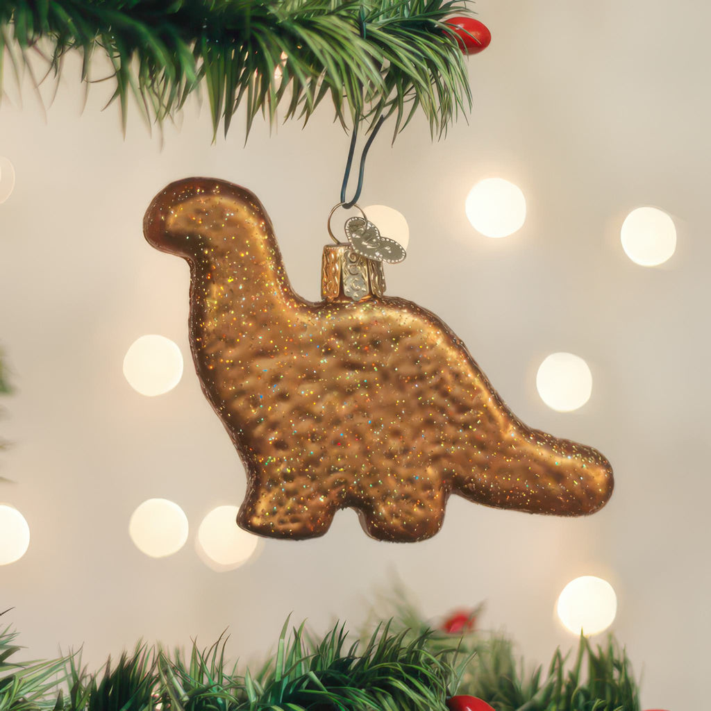 Dino Chicken Nugget Ornament in tree.