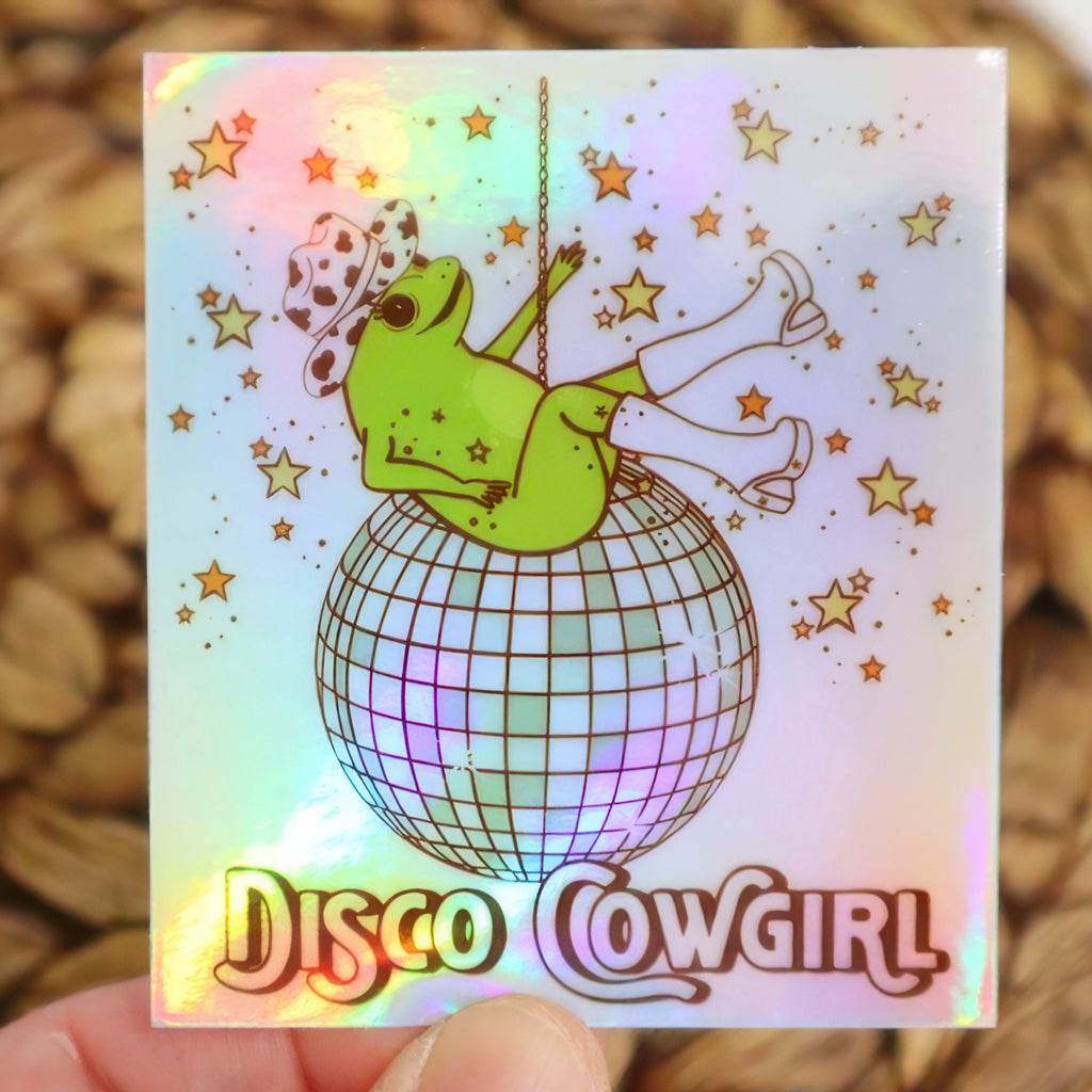 Disco Cowgirl Frog Holographic Sticker.