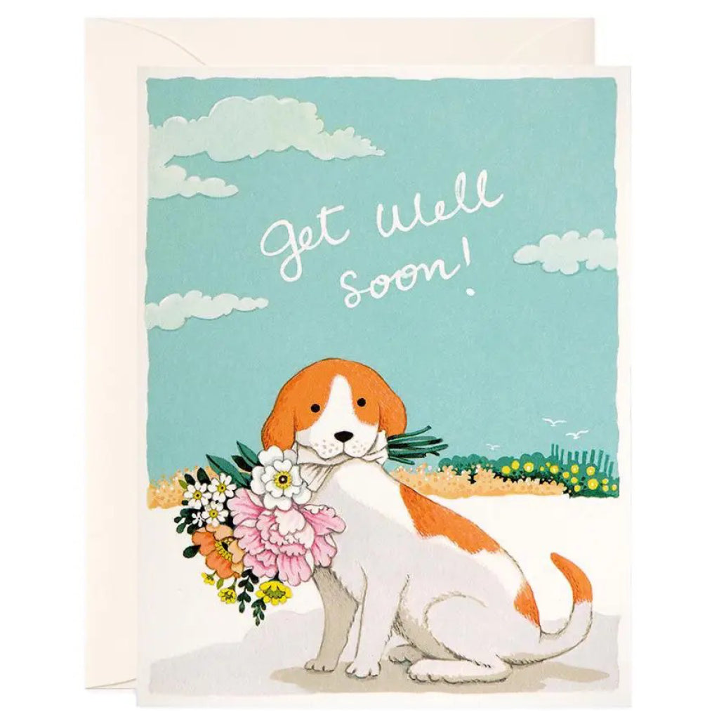 Dog With Flowers Get Well Soon Card.