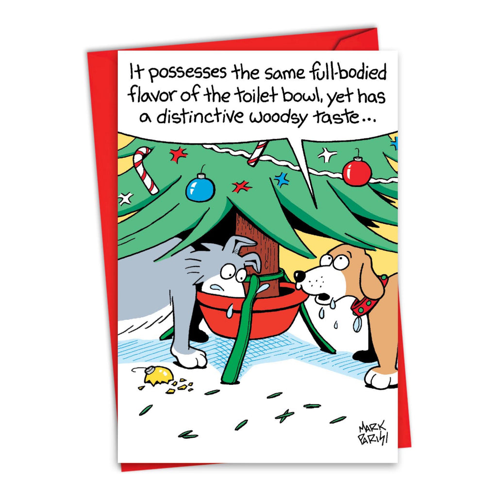 Dogs Drinking Christmas Tree Water Card.