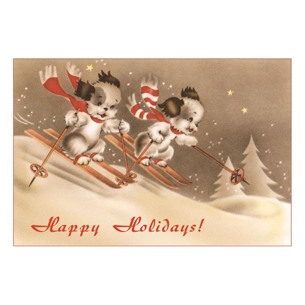 Dogs Skiing Happy Holidays Vintage Image Postcard.